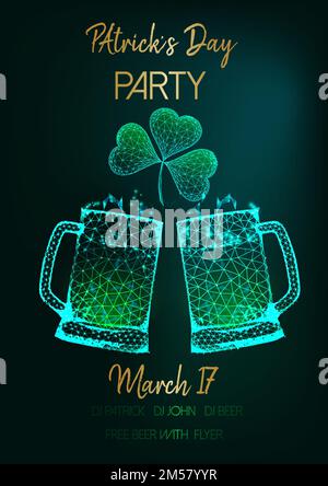 Saint Patricks Day party invitation flyer template with glowing low polygonal glass beer mugs, shamrock leaves and golden text on dark green backgroun Stock Vector