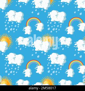 Summer weather seamless pattern with sun, clouds, rain and rainbow on blue sky backgrounds. Cartoon style vector illustration. Stock Vector