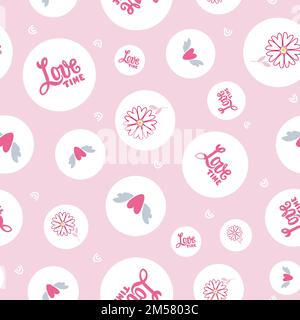 Polka dotted Love seamless pattern. Flying heart, flower and words Love time in the white bubbles on pink background. Stock Vector