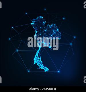 Thailand map glowing silhouette outline made of stars lines dots triangles, low polygonal shapes. Communication, internet technologies concept. Wirefr Stock Vector