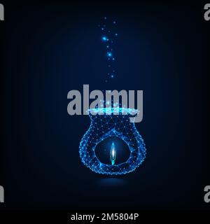 Glowing low polygonal aroma lamp with burning candle and vapors of essential oil isolated on dark blue background. Aromatherapy, alternative medicine. Stock Vector