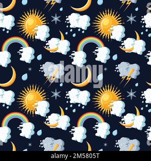 Bright and colorful weather icons seamless pattern with sun, clouds, moon, rainbow, rain, snow and lightning. Cartoon style vector illustration. Stock Vector