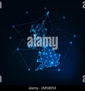 United Kingdom of Great Britain and Northern Ireland map outline. Communication, connection concept.Modern futuristic low polygonal, wireframe, lines Stock Vector