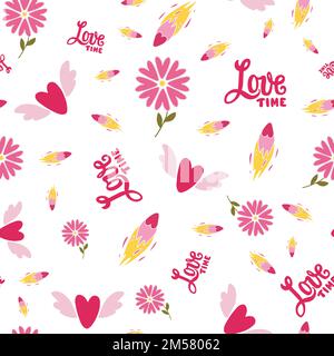 Love seamless pattern. Heart shape flowers, flying hearts and hand drawn lettering Love Time. Stock Vector