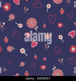 Candy, cup, flower and heart seamless pattern. Stock Vector