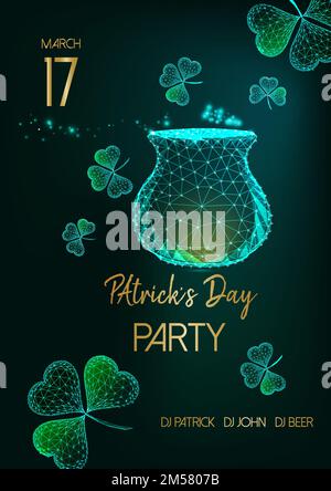 Saint Patricks Day party invitation flyer template with glow low poly pot with gold coins, shamrock leaves and golden text on dark green background. F Stock Vector