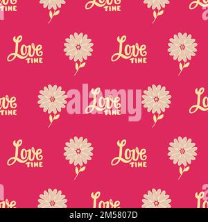 Bright red pattern with flowers and text Love Time. Stock Vector