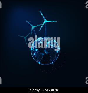 Glowing low polygonal Earth planet globe with wind turbines on dark blue background. Alternative energy concept. Futuristic wireframe design vector il Stock Vector