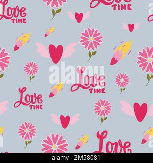 Love Time seamless pattern with flying hearts, comets, flowers. Stock Vector