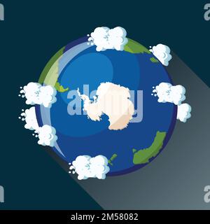 Antarctica map on planet Earth, view from space. Antarctica globe icon. Planet Earth globe map with blue ocean, continents and clouds around. Cartoon Stock Vector