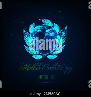Mother Earth Day greeting card template with glowing low poly globe map surrounded by green leaves, stars and text on dark blue background. World envi Stock Vector