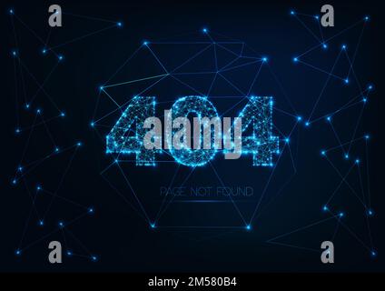 Futuristic glowing low polygonal error message 404 page not found on dark blue background. Template for website under construction problem. Wireframe Stock Vector
