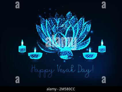 Happy Vesak day greeting card template with glowing low polygonal lotus flower, diya oil lamps and candles on dark blue background. Futuristic wirefra Stock Vector
