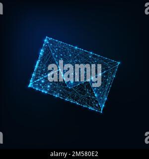 Glowing low polygonal envelope as symbol of electronic mail isolated on dark blue background. Postage, message send and receive. Futuristic wireframe Stock Vector