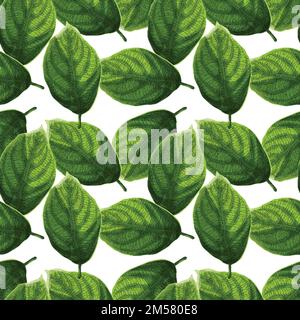 Bright and colorful textured green leaves on white background seamless pattern. Cartoon style vector illustration. Stock Vector