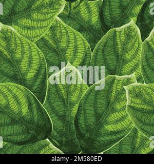 Vibrant textured green leaves with veins seamless pattern. Ecology, environment concept. Cartoon style vector illustration. Stock Vector