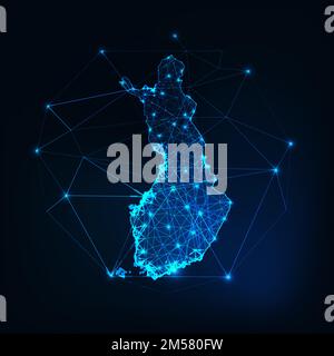 Finland map glowing silhouette outline made of stars lines dots triangles, low polygonal shapes. Communication, internet technologies concept. Wirefra Stock Vector