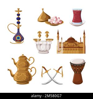 Turkish traditional heritage icon set, part 2. Arabic eastern culture. Cartoon style vector illustration. Stock Vector