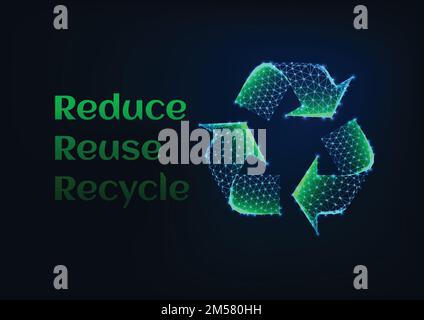 Reduce reuse recycle ecological banner template with green glowing low poly recycle symbol and text on dark blue backgtound. Ecology concept. Futurist Stock Vector