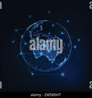 Australia map continent outline on planet Earth view from space abstract background. Globalization, connection concept. Low poly wireframe, lines and Stock Vector