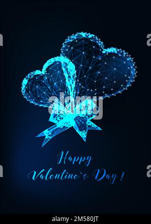 Valentine Day greeting card template with glowing low poly couple hearts and ribbon bow and text on dark blue background. Modern wireframe design vect Stock Vector