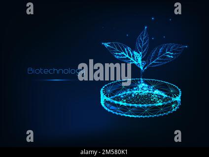 Biotechnology concept futuristic scientific background with glowing low polygonal sprout with soil in petri dish on dark blue background. Modern wiref Stock Vector