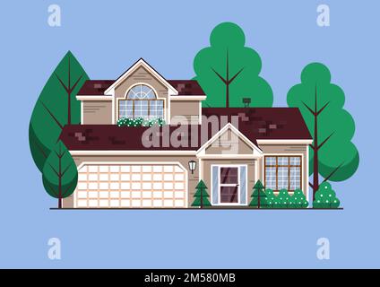 Suburban American single family house. Two store town home with garden trees isolated on blue background. Flat design vector illustration Stock Vector