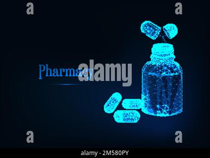 Futuristic pharmacy concept with glowing low polygonal medicine bottle and pills on dark blue background. Wireframe design vector illustration. Stock Vector