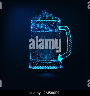 Glowing low poly full glass mug of fresh cold beer with foam made of lines, stars, and triangles on dark blue background. Brewing technology concept. Stock Vector