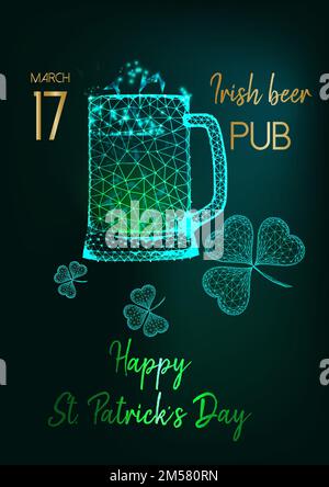 Saint Patricks Day party invitation flyer template with glowing low polygonal glass beer mugs, shamrock leaves and golden text on dark green backgroun Stock Vector