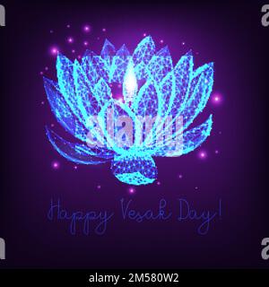 Happy Vesak day greeting card template with glowing low polygonal lotus flower oil lamps and stars on dark purple background. Futuristic wireframe des Stock Vector