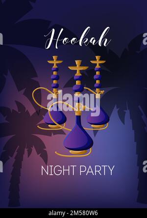 Hookah night party poster template with hookah, text, palm trees on dark sky sunset background. Vector illustration. Stock Vector