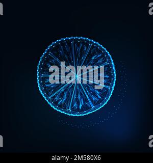Glowing low polygonal slice of lemon made of stars, lines, triangles isolated on dark blue background. Natural eco citrus fruit, food technology. Futu Stock Vector