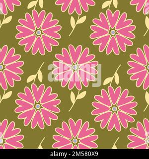 Pink heart shape flowers seamless pattern on green background. Stock Vector