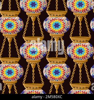 Traditional oriental lanterns ornated by ceramic mosaic flowers and hanging copper chains on dark brown background seamless pattern. Colorful cartoon Stock Vector
