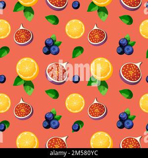 Bright colorful tropical fruits mixture seamless pattern on coral background. Slices of lemon, figs, blueberries and green leaves. Cartoon vector illu Stock Vector