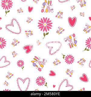 Hearts, flowers and words All you need is Love seamless pattern. Stock Vector