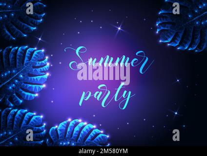 Summer party poster template with glowing low polygonal monstera tropical leaves, stars and text on dark blue to purple gradient background. Futuristi Stock Vector