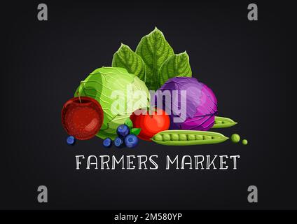 Farmers market banner template with bright colorful locally grown fruits and vegetables and text on black chalkboard background. Cartoon style vector Stock Vector