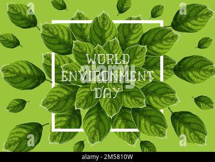 World Environment Day banner template with green textured leaves, square white frame and text on green background. Vector illustration. Stock Vector