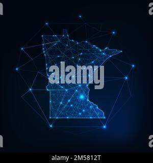 Minnesota state USA map glowing silhouette outline made of stars lines dots triangles, low polygonal shapes. Communication, internet technologies conc Stock Vector