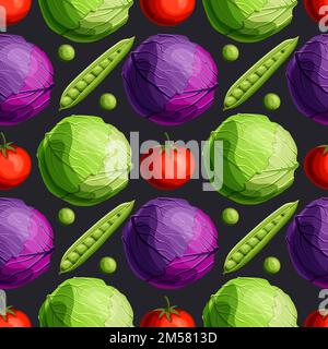 Fresh bright vegetables green and red cabbage, tomato and peas seamless pattern on black background. Cartoon style vector illustration. Stock Vector