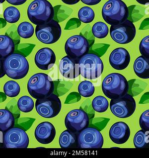 Fresh juicy blueberries with leaves on green background seamless pattern. Cartoon style vector illustration. Stock Vector