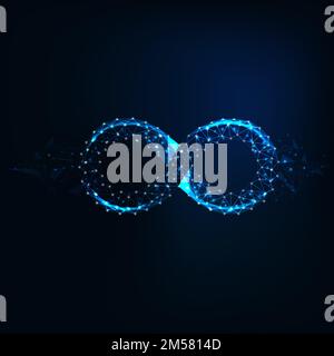 Futuristic glowing low polygonal infinity sign made of stars, lines, triangles on dark blue background. Eternity concept. Modern design vector illustr Stock Vector