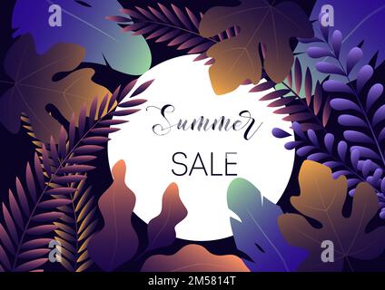 Summer sale banner template with trendy gradient leaves on dark blue background. Modern gradient design. Vector illustration. Stock Vector