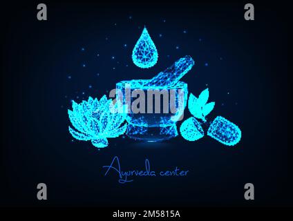 Futuristic ayurveda center concept with glowing low polygonal mortar, essential oil drop, lotus flower and herbal pills on dark blue background. Moder Stock Vector