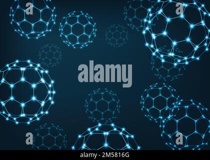 Abstarct scientific background with buckyball fullerene molecules. Nano science technology concept. Dots and lines, wireframe polygonal design. Vector Stock Vector