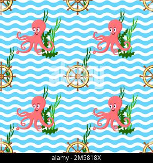 Seamless pattern with octopus, ship wheel, sea weeds and ocean waves. Vector illustration. Stock Vector