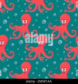 Cute smiling red octopus swimming underwater with water bubbles in the ocean on dark tourquise background seamless pattern. Stock Vector