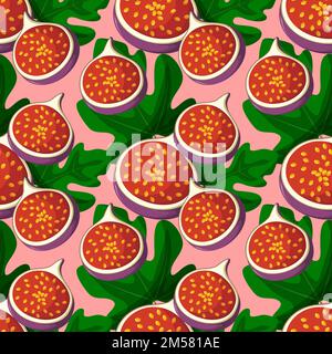 Bright tasty slices of dates fruits figs with green leaves seamless pattern on pink background. Cartoon style vector illustration. Stock Vector